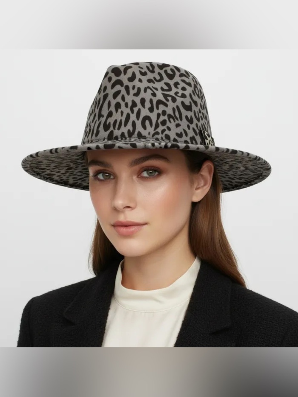 Women’s Grey Leopard-Print Wool Fedora Hat